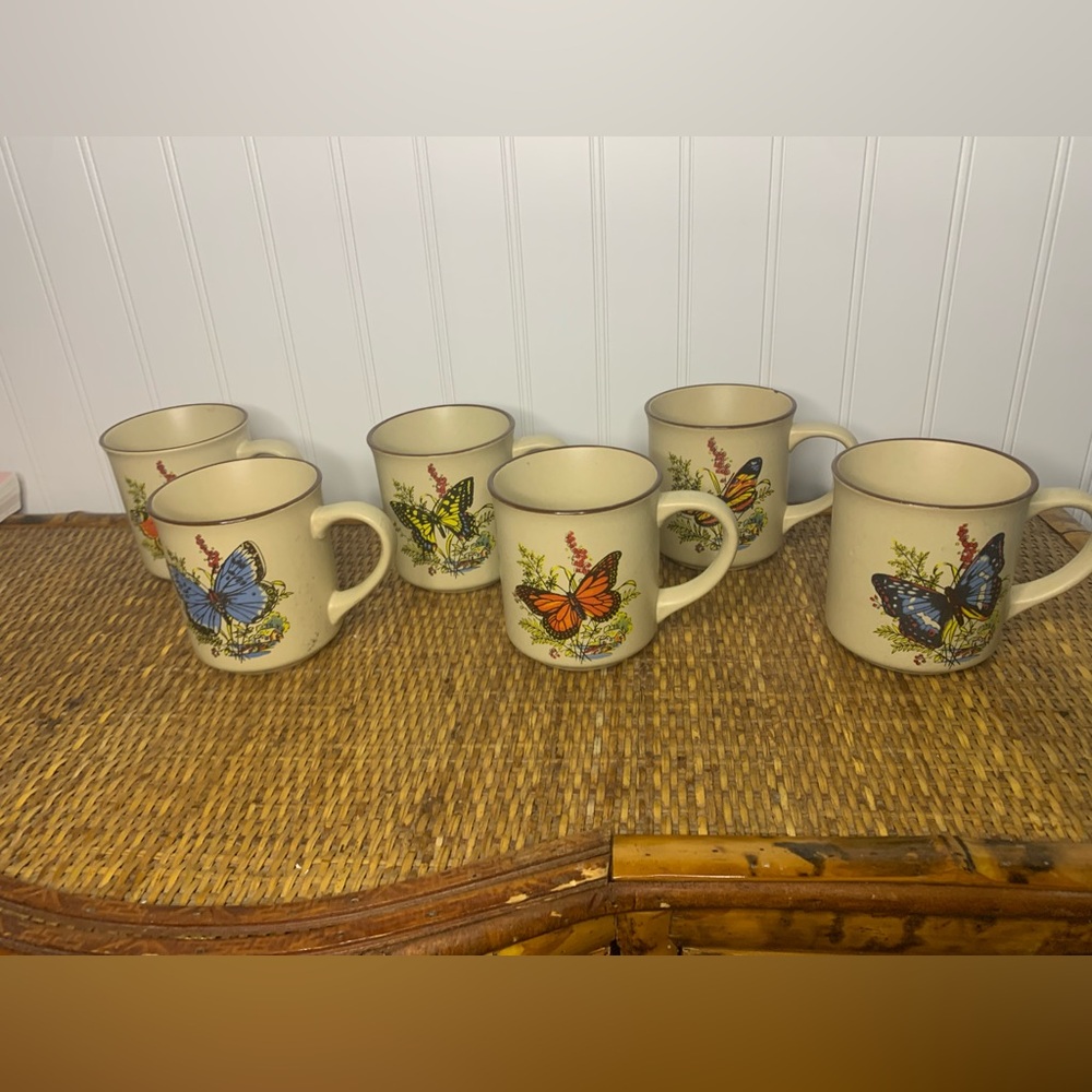 Vintage Stoneware Butterfly Mugs set of 6 Excellent Cottage Core Viking